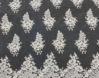 Ivory Floral Lace Fabric: Embroidered Sequins Mesh, Bridal Gown Lace