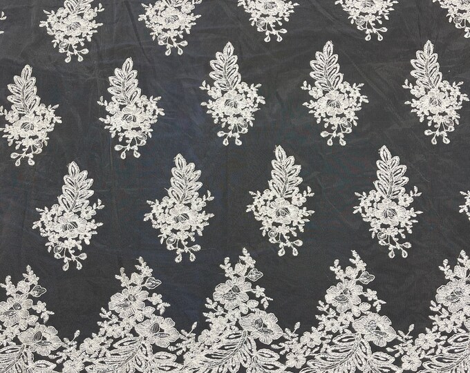 Ivory Lace - Floral Lace Fabric, Embroidery With Sequins on a Mesh Lace Fabric By The Yard For Gown, Wedding-Bridal (Choose The Quantity)