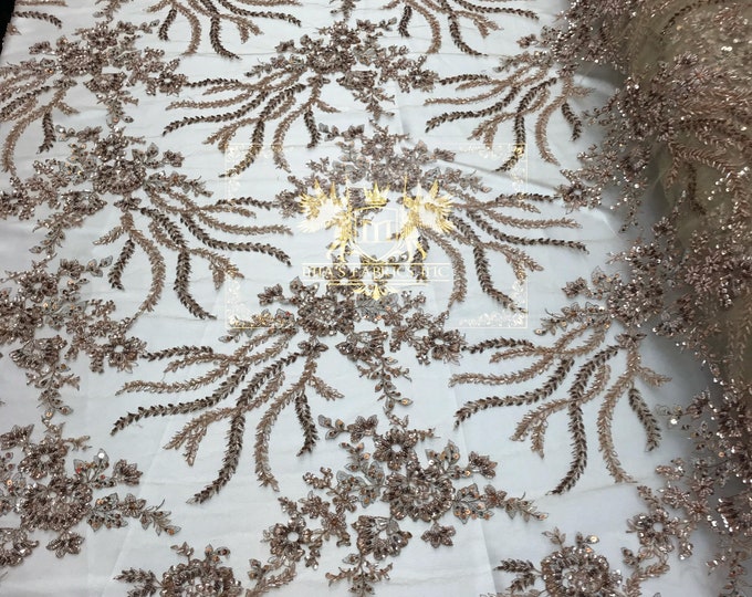 Skin/Taupe Hand Beaded Lace, Embroidered Floral Design Fancy Sequins Fabric with Beads Sold in Many Colors By The Yard