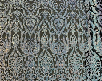 Aqua/Blue Iridescent Sequins Fabric | by the yard | Black Mesh 4 Way Stretch | Embroidered King Damask Design With Sequin Lace Prom-Gown