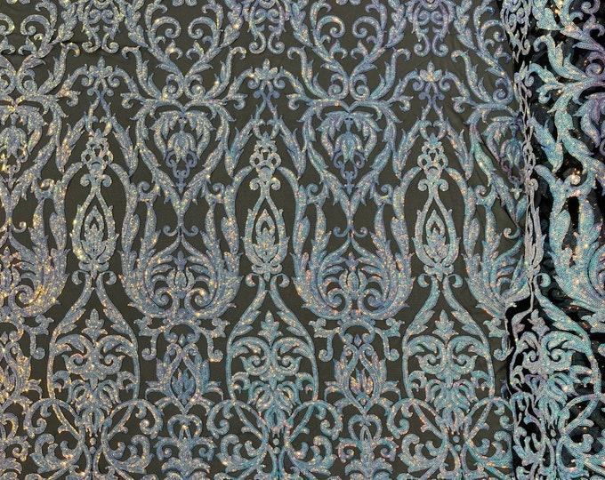 Aqua/Blue Iridescent Sequins Fabric | by the yard | Black Mesh 4 Way Stretch | Embroidered King Damask Design With Sequin Lace Prom-Gown