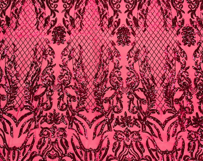 Fuchsia Sequins Lace Fabric On Mesh, Luxury Damask Design Embroidered Spandex 4way Stretch Sequin By Yard -Prom-Gown ( Choose The Size )