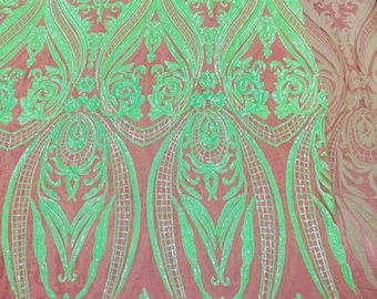 Neon Green Damask Sequins Fabric, Spandex Mesh, Gala Gown