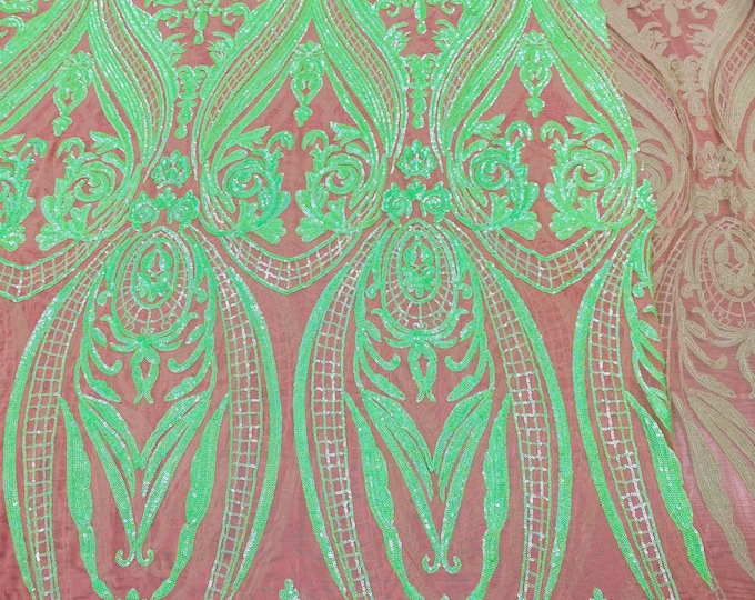 Neon Green Sequins Fabric, Skin Mesh - 4 Way Stretch Fancy Big Damask Design Sequins on Spandex Mesh Prom Gala Gown Fabric By The Yard