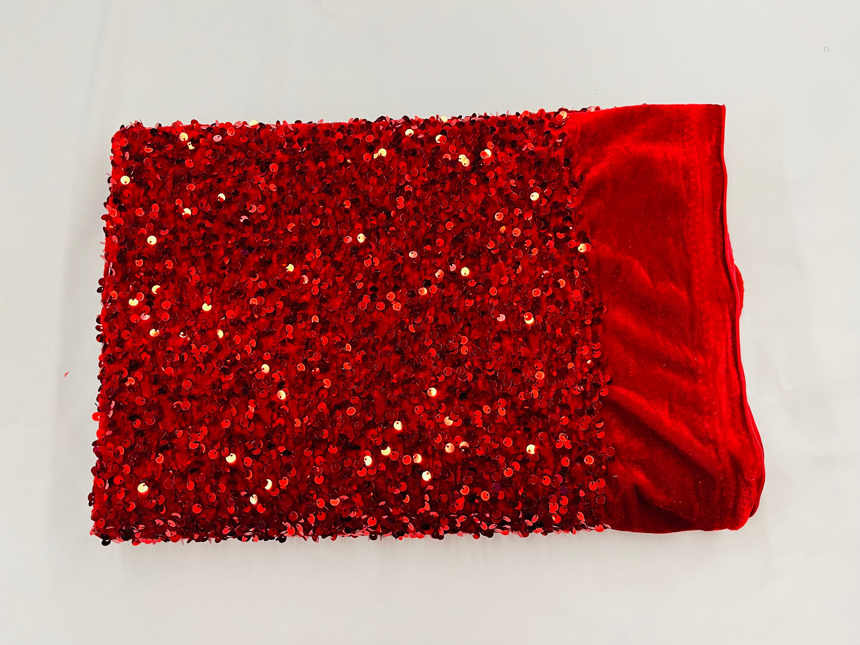 Red Sequin Velvet Fabric. Red All Over Sequin on Stretch Velvet