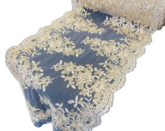 Gold Floral Sequin Lace Fabric: Embroidered Mesh, 14 Inch Wide