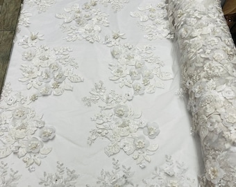 WHITE 3D Floral Design Embroider and Beaded With Pearls On a Mesh Lace-Prom-Dresses-Nightgown-Apparel-Fashion By The Yard