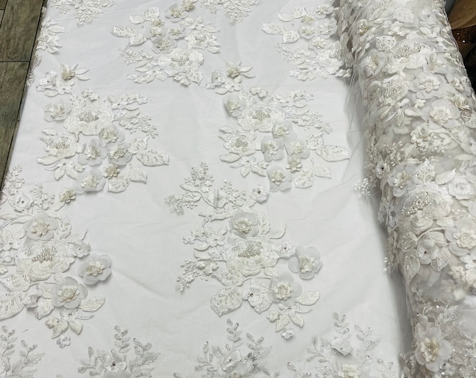 WHITE 3D Floral Design Embroider and Beaded With Pearls On a Mesh Lace-Prom-Dresses-Nightgown-Apparel-Fashion By The Yard