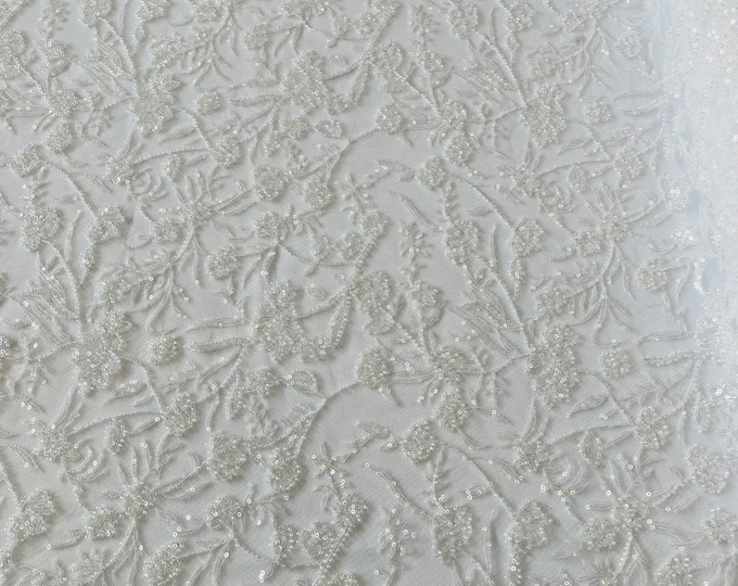 White Floral Pattern Beaded Fabric - Embroidered Beaded & Sequins Wedding Bridal Fabric Sold By The Yard