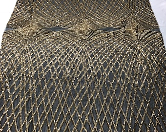 Gold Diamond Sequin Fabric: Black Power Mesh, 2-Way Stretch - By The Yard