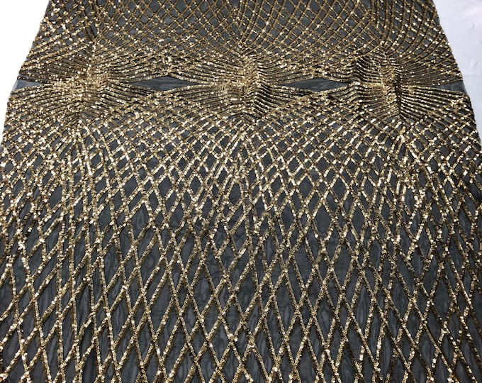 Gold Diamond Sequin Fabric - by the yard - On Black Power Mesh 2 Way Stretch Sequins Fabric
