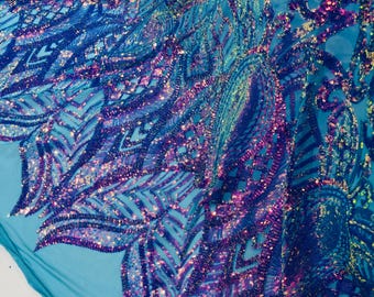 Lavender Iridescent Sequin Fabric: Turquoise Power Mesh, Royalty Design - By The Yard