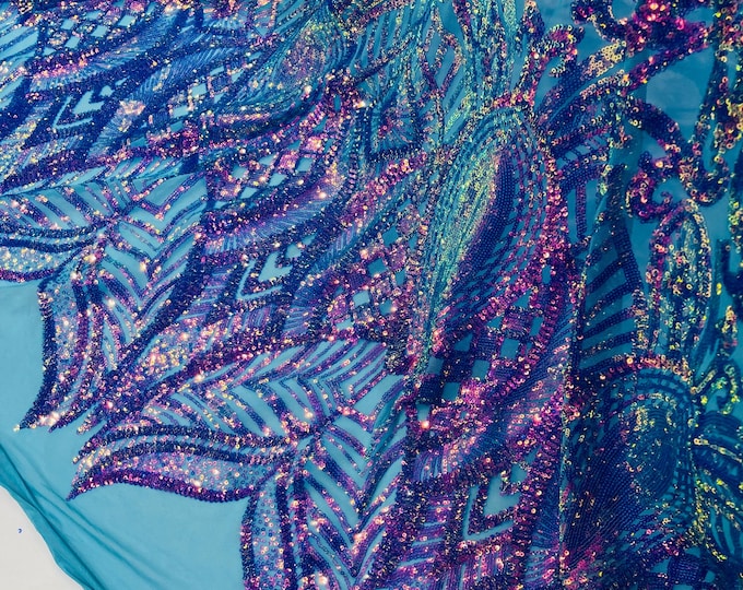 Lavender Iridescent Sequin Fabric: Turquoise Power Mesh, Royalty Design - By The Yard