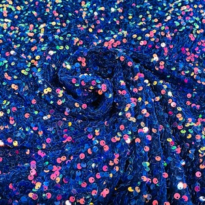 Rainbow Iridescent Sequin Fabric on Royal Blue Stretch Velvet - by the yard - all Over 5mm Sequins Velvet 2-way Stretch 58/60”