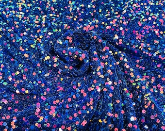 Rainbow Iridescent Sequin Royal Blue Stretch Velvet Fabric - 58/60"