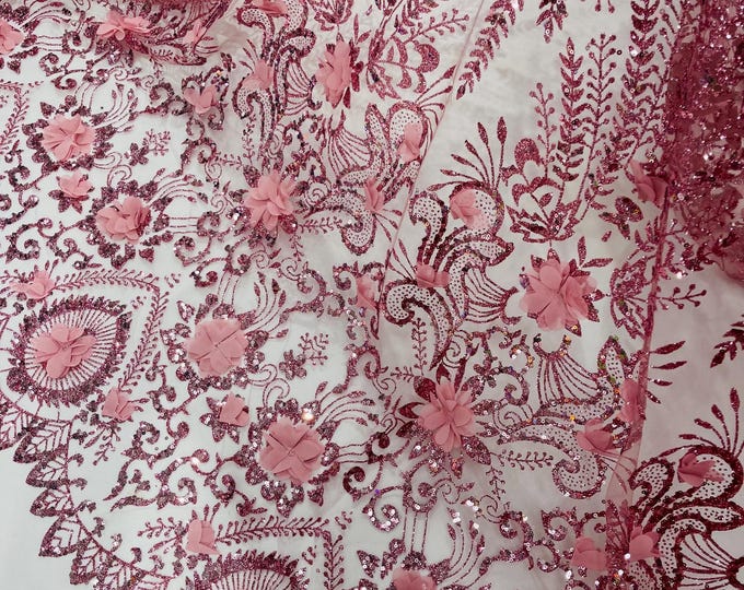 Dusty Rose 3D Flower Sequin Fabric: Glitter Tulle Mesh, Wedding Dress, Quinceañera