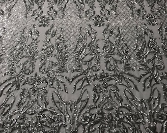 Silver Sequin Damask Fabric: Embroidered 4-Way Stretch Spandex - Prom Gown