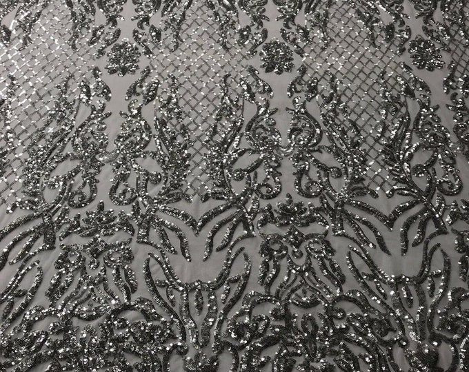 Silver Sequin -  Luxury Damask Design Embroidered Spandex 4way Stretch Sequin By Yard -Prom-Gown ( Choose The Size )