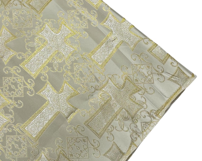 Beige Gold Liturgical Metallic Cross Brocade Fabric By The Yard, Religious Brocade, Cross Brocade Jacquard, Ecclesiastical Jacquard-Church