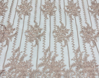 Blush Floral Embroidery Lace Fabric: Scalloped Edge Mesh, Bridal Gown Fabric By The Yard