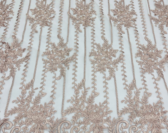 Blush Floral Lace Fabric, Embroidery on a Mesh Lace Fabric For Gown, Wedding-Bridal-Dress By The Yard