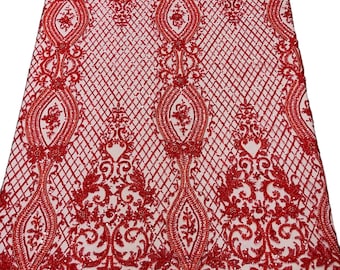 Red Fashion Design Bead Damask Fabric, Embroidered Geometric Design With Beads and Sequins on a Mesh Sold By The Yard