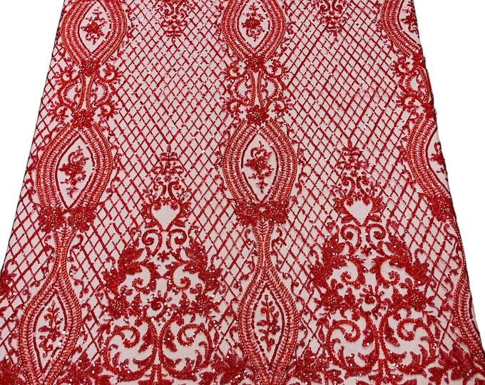 Red Fashion Design Bead Damask Fabric, Embroidered Geometric Design With Beads and Sequins on a Mesh Sold By The Yard