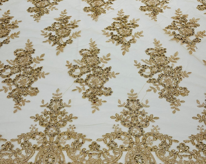 Metallic Gold Floral Lace Fabric - by yard - Embroidery With Sequins on a Mesh Corded Lace Fabric, For Gown - Wedding - Bridal