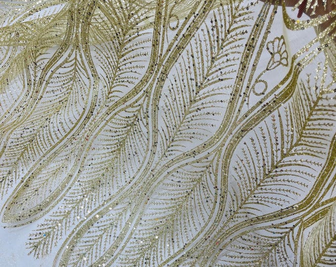 Gold Glitter Sequin on Mesh Lace Fabric By The Yard for Wedding Decor, Damask Glitter Sequin Fabric Bridal/Prom, Shimmer Glitter