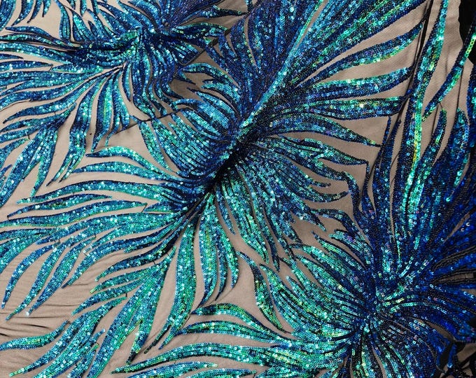 Mermaid Iridescent Sequin Fabric By The Yard, Black Mesh 4 Way Stretch, Embroidery on a Mesh Phoenix Wing Sequins Fabric for Prom Gala Gown