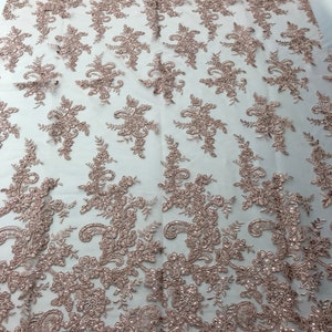 Blush Flower Lace Fabric - Floral Clusters Embroidered With sequins on a Mesh Lace Fabric Sold By The Yard
