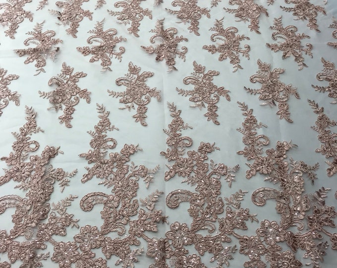 Blush Flower Lace Fabric - Floral Clusters Embroidered With sequins on a Mesh Lace Fabric Sold By The Yard