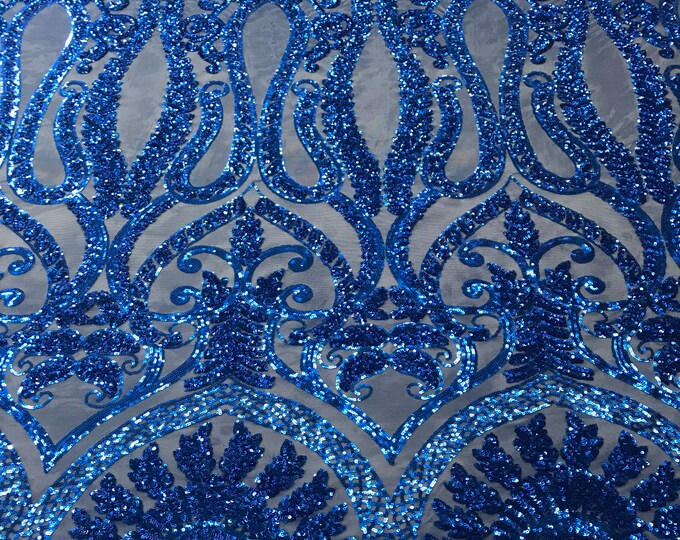 Royal Blue Sequins Lace Fabric On a Mesh, DAMASK Design Embroidered On 4 way Stretch Sequin By The Yard -Prom-Gown ( Choose The Size )
