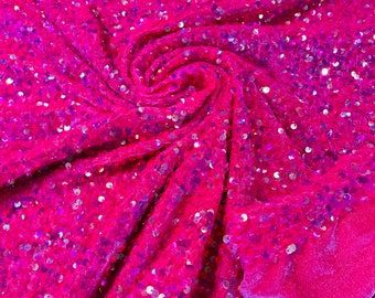 Iridescent Sequin Hot Pink Velvet Fabric: 2-Way Stretch