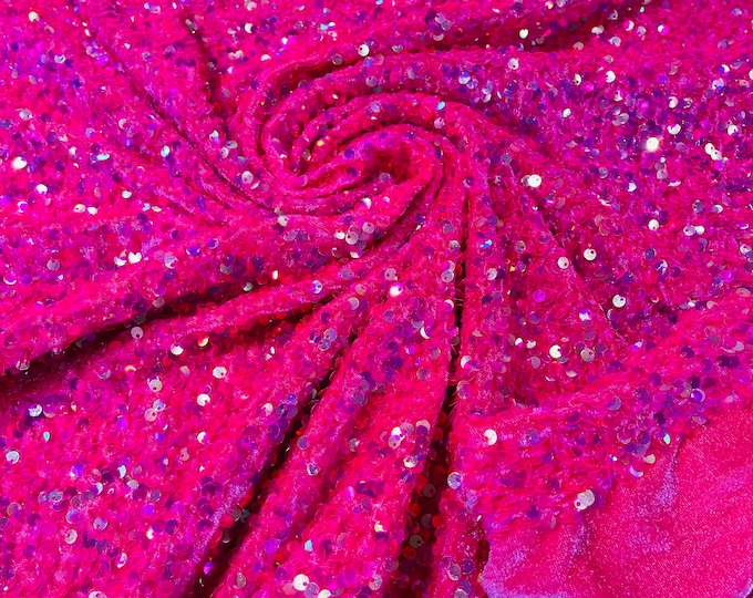 New Clear Iridescent Sequin Velvet on Hot Pink 2 Way Stretch Velvet With Luxury Sequins all Over 5mm Shining Sequins