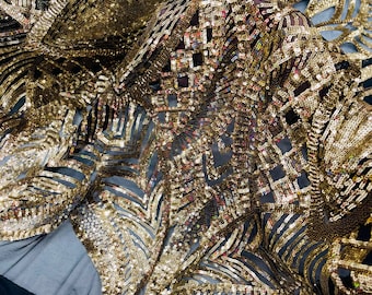 Gold Sequins on Black Mesh: Royalty Embroidered Fabric - Prom Gown