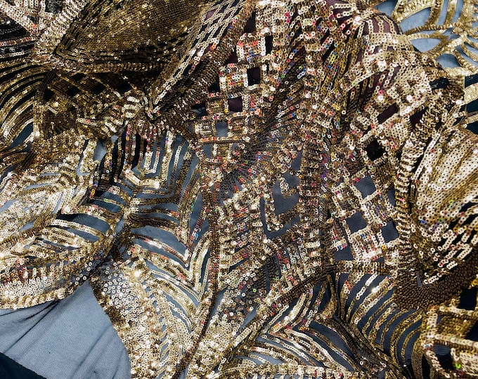 Gold Sequins on Black Mesh, Royalty Design Embroidered on a Mesh 4 way Stretch Sequin By The Yard -Prom-Gown ( Choose The Size )