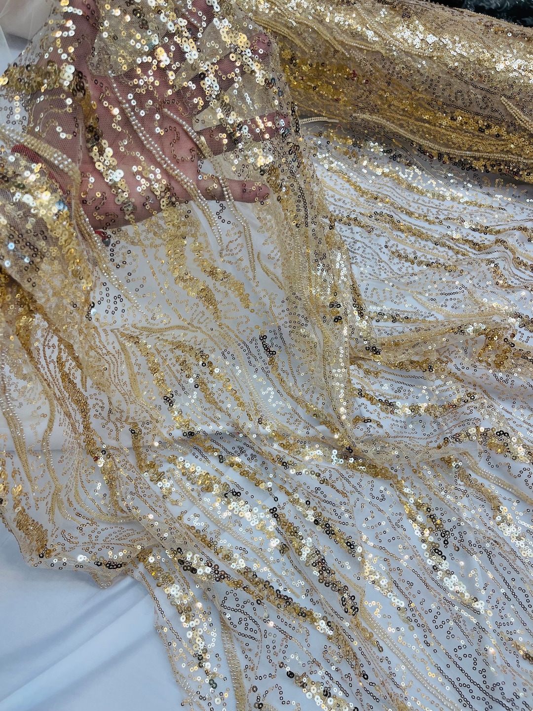 Shiny Gold Sequins & Beads on Chiffon Fabric