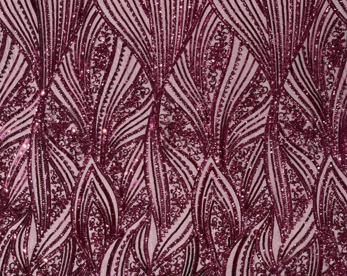 Wine Sequins Fabric 4 Way Stretch on a Mesh | Embroidered Damask Design With Sequin Lace Prom-Gown by the yard