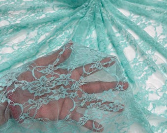 Aqua Blue Tiffiny Floral Lace Fabric - 4-Way Stretch Spandex Mesh, Sold by the Yard