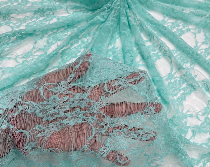 Aqua Blue Tiffiny Floral Lace Fabric - 4-Way Stretch Spandex Mesh, Sold by the Yard