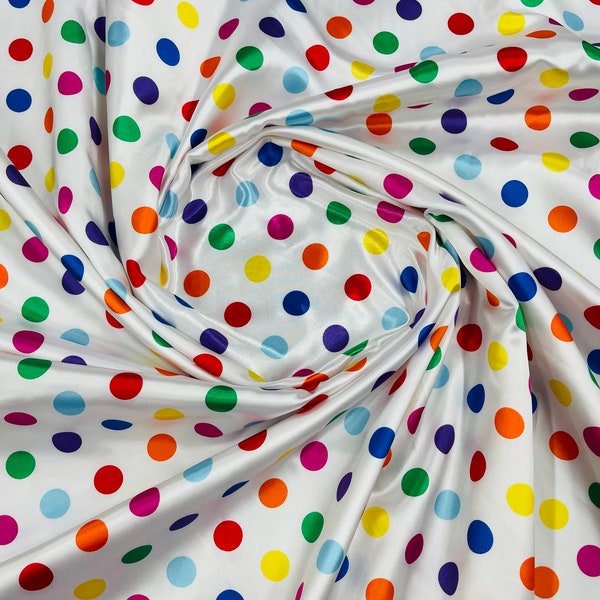 Mia Fabrics Inc, Polka Dot Satin Fabric - Blanco / Multi Color Dots - Super Soft Silky Satin Polka Dot Fabric Vendido cortado a medida