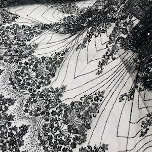 Black Beaded Lace Fabric, Geometric Sequins, Bridal Wedding Dress