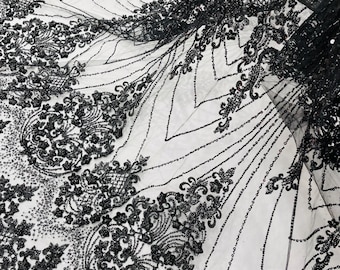 Black Beaded Lace Fabric, Geometric Sequins, Bridal Wedding Dress