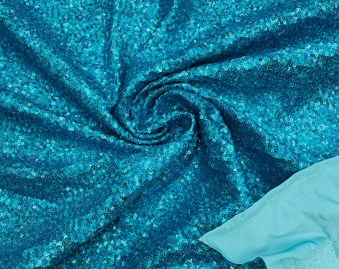 Light Turquoise Holographic Mini Glitz Sequins by the yard on Spandex Fabric | 4 Way Stretch | Mini Glitz Sequin Fabric