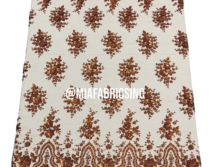 Cinnamon Beaded Fabric Embroidered on a Mesh | Fashion Design Beads and Sequins | Beaded Lace | Beaded Wedding | Bridal Lace Fabric by yard