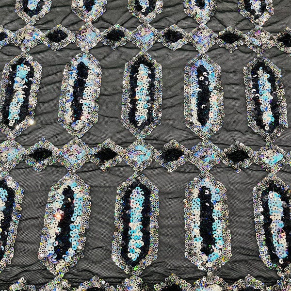 Aqua Iridescent Sequin Fabric by the yard on Black Mesh, Multi Color Jewel Design Embroidered With Sequins Holographic 4 Way Stretch