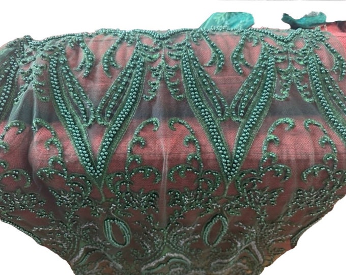 Hunter Green Glam Damask Beaded Fabric, Embroidered Fashion Fabric with Beads Wedding Bridal Sold By Yard