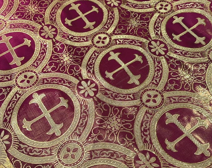 Burgundy/Gold Cross Brocade Fabric: Religious Vestment Material - 58/60" Wide
