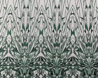 Hunter Green Beaded Fabric By Yard, Luxury Geometric Design Beads and Sequins, Beaded Fabric Embroidered on a Mesh Lace,Wedding,Bridal,Dress